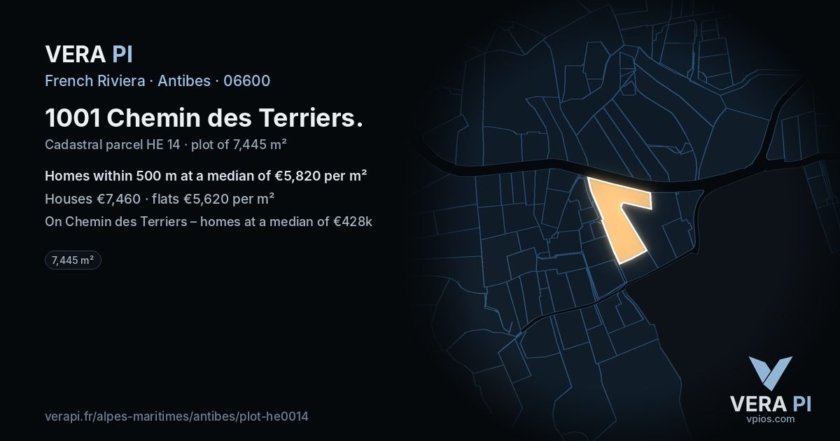 1001 Chemin des Terriers, Antibes at night – the plot lit, the parcels around coloured by the prices near them
