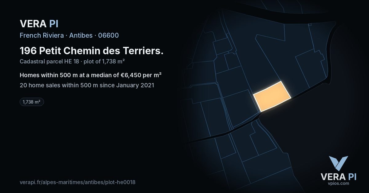 196 Petit Chemin des Terriers, Antibes at night – the plot lit, the parcels around coloured by the prices near them