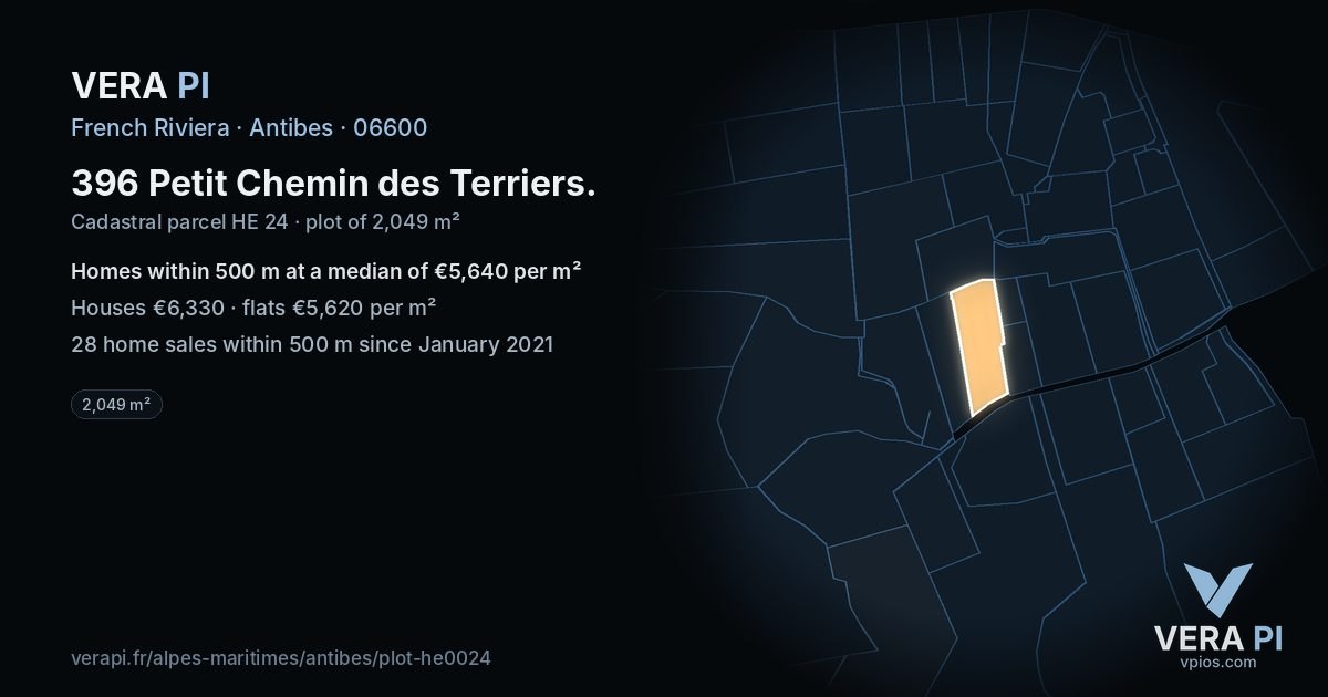 396 Petit Chemin des Terriers, Antibes at night – the plot lit, the parcels around coloured by the prices near them