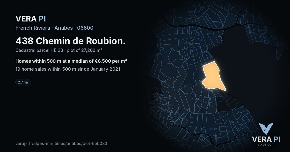 438 Chemin de Roubion, Antibes at night – the plot lit, the parcels around coloured by the prices near them