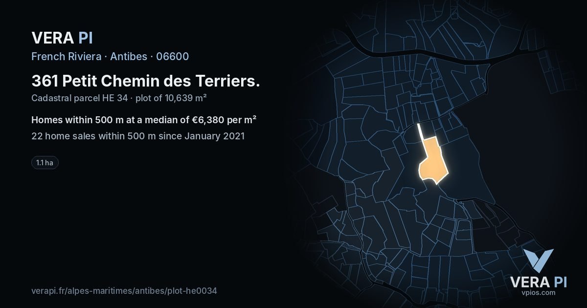 361 Petit Chemin des Terriers, Antibes at night – the plot lit, the parcels around coloured by the prices near them