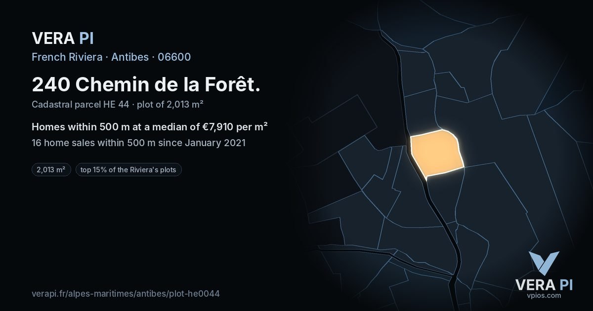 240 Chemin de la Forêt, Antibes at night – the plot lit, the parcels around coloured by the prices near them