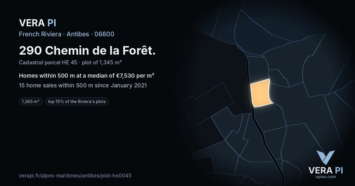 290 Chemin de la Forêt, Antibes at night – the plot lit, the parcels around coloured by the prices near them