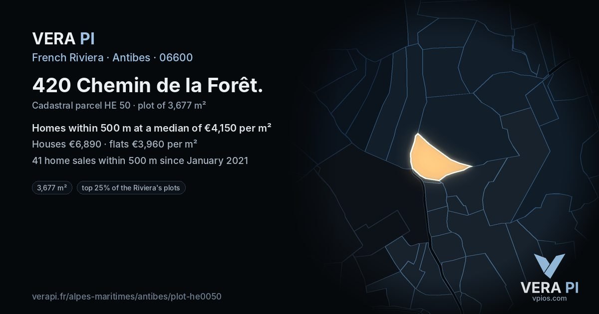 420 Chemin de la Forêt, Antibes at night – the plot lit, the parcels around coloured by the prices near them