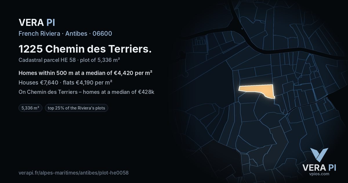 1225 Chemin des Terriers, Antibes at night – the plot lit, the parcels around coloured by the prices near them
