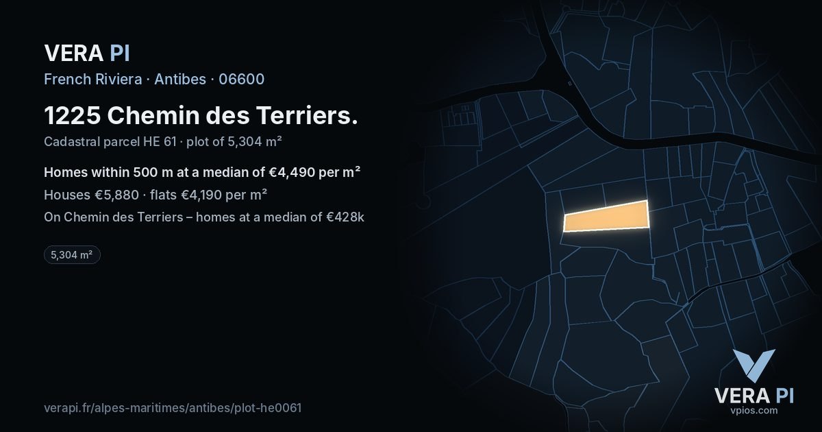 1225 Chemin des Terriers, Antibes at night – the plot lit, the parcels around coloured by the prices near them