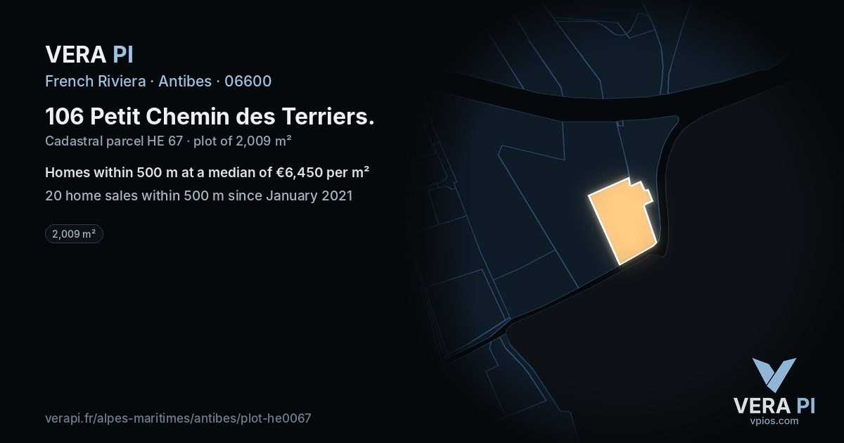 106 Petit Chemin des Terriers, Antibes at night – the plot lit, the parcels around coloured by the prices near them