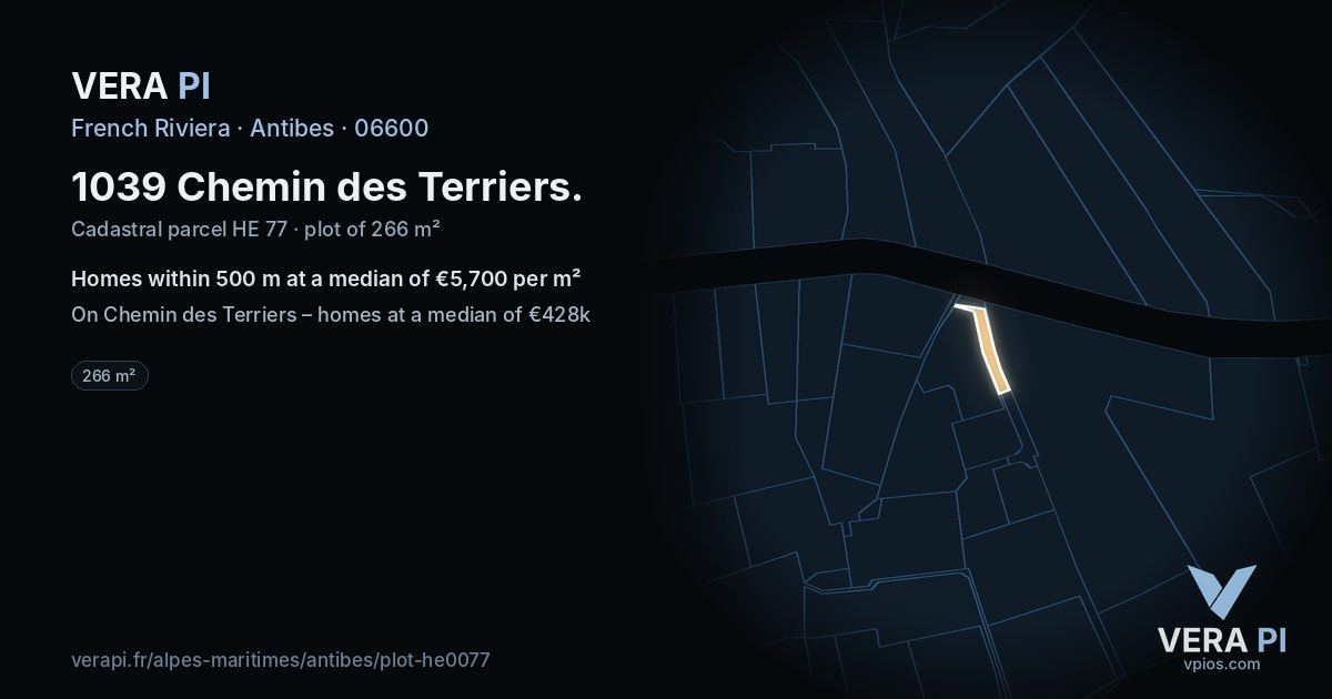 1039 Chemin des Terriers, Antibes at night – the plot lit, the parcels around coloured by the prices near them