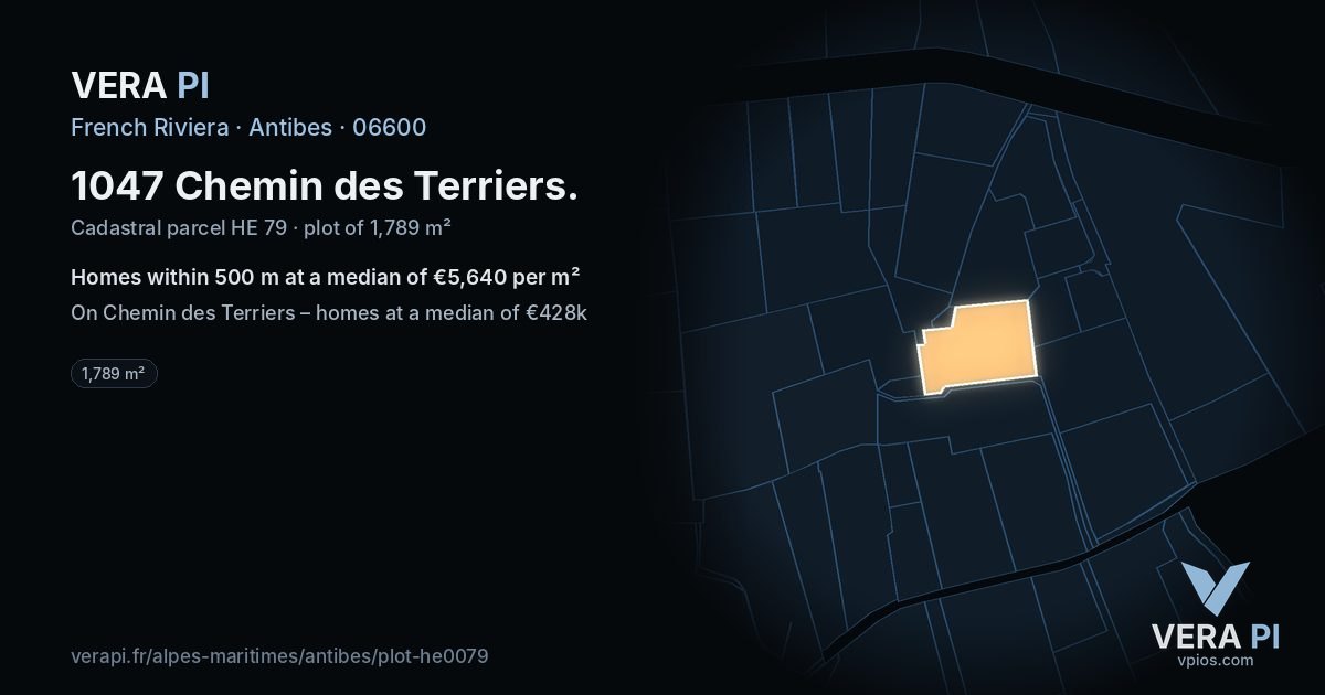 1047 Chemin des Terriers, Antibes at night – the plot lit, the parcels around coloured by the prices near them