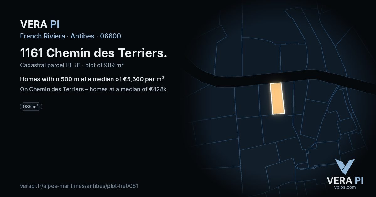 1161 Chemin des Terriers, Antibes at night – the plot lit, the parcels around coloured by the prices near them