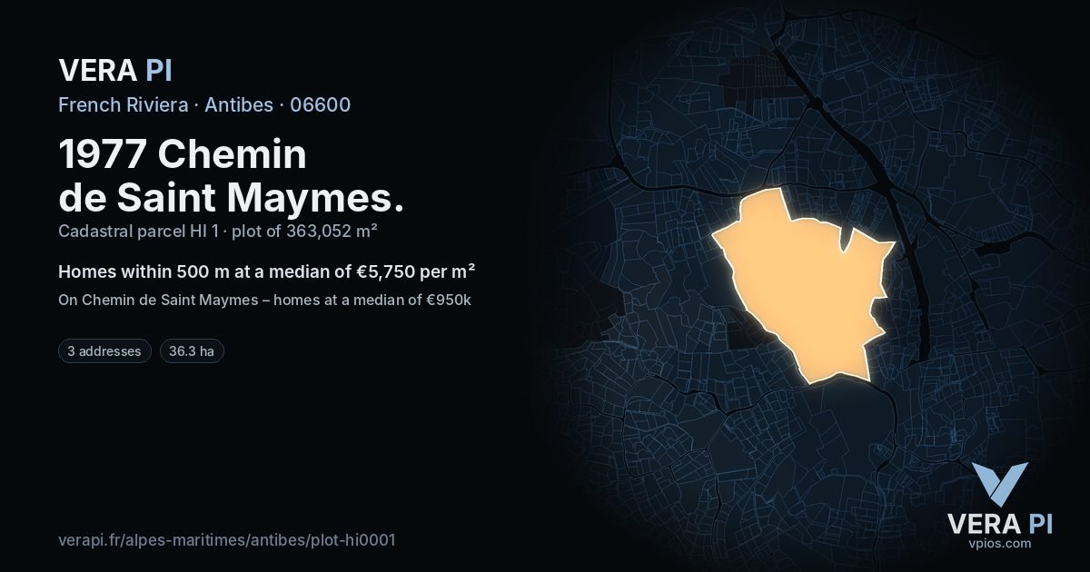 1977 Chemin de Saint Maymes, Antibes at night – the plot lit, the parcels around coloured by the prices near them