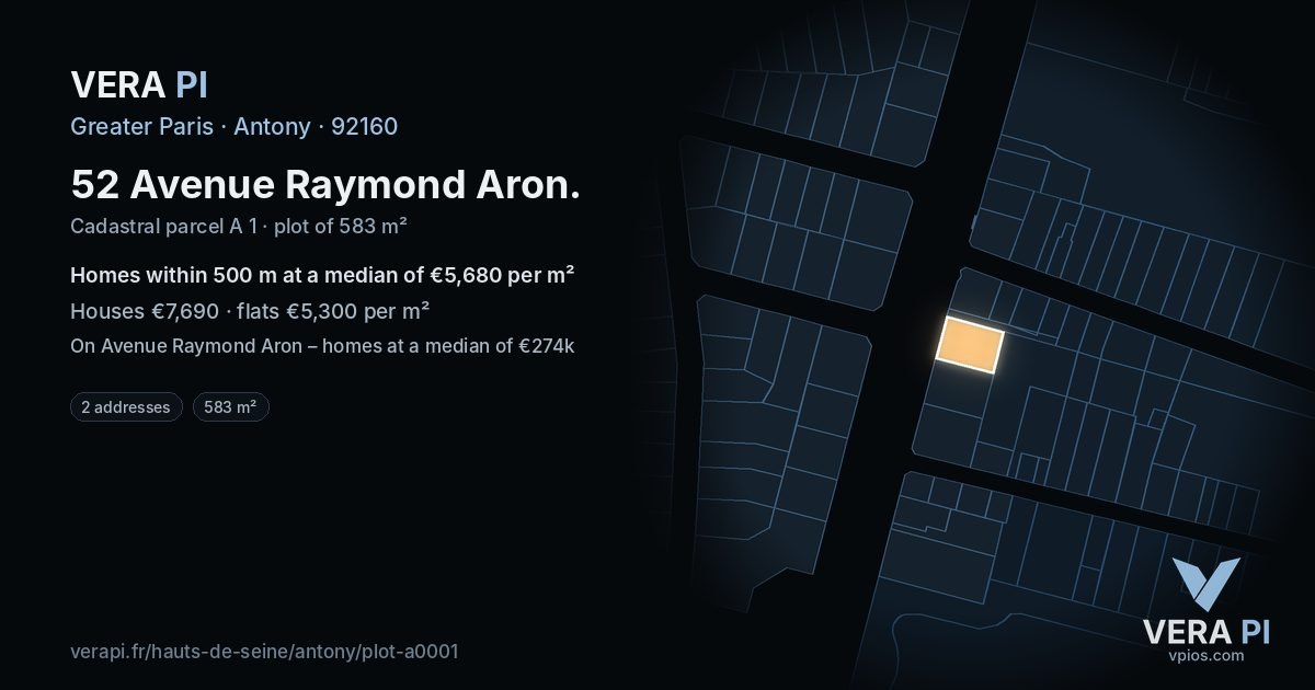 52 Avenue Raymond Aron, Antony at night – the plot lit, the parcels around coloured by the prices near them