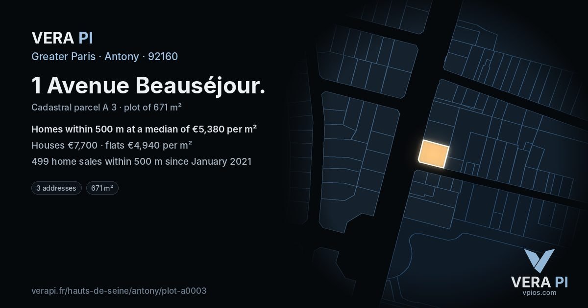 1 Avenue Beauséjour, Antony at night – the plot lit, the parcels around coloured by the prices near them