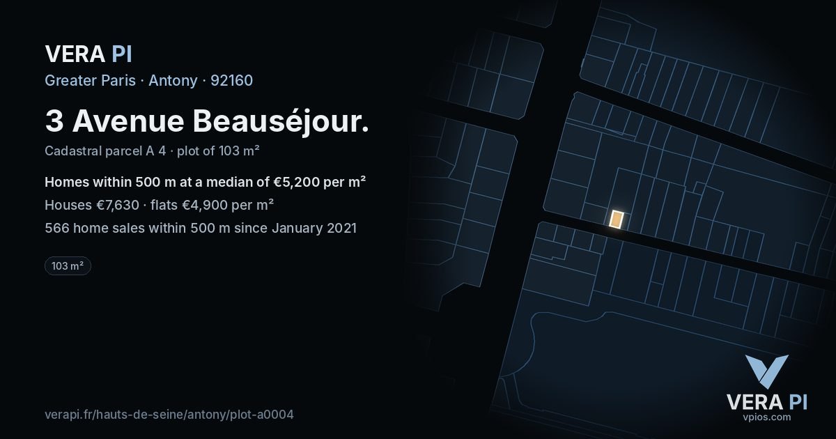3 Avenue Beauséjour, Antony at night – the plot lit, the parcels around coloured by the prices near them