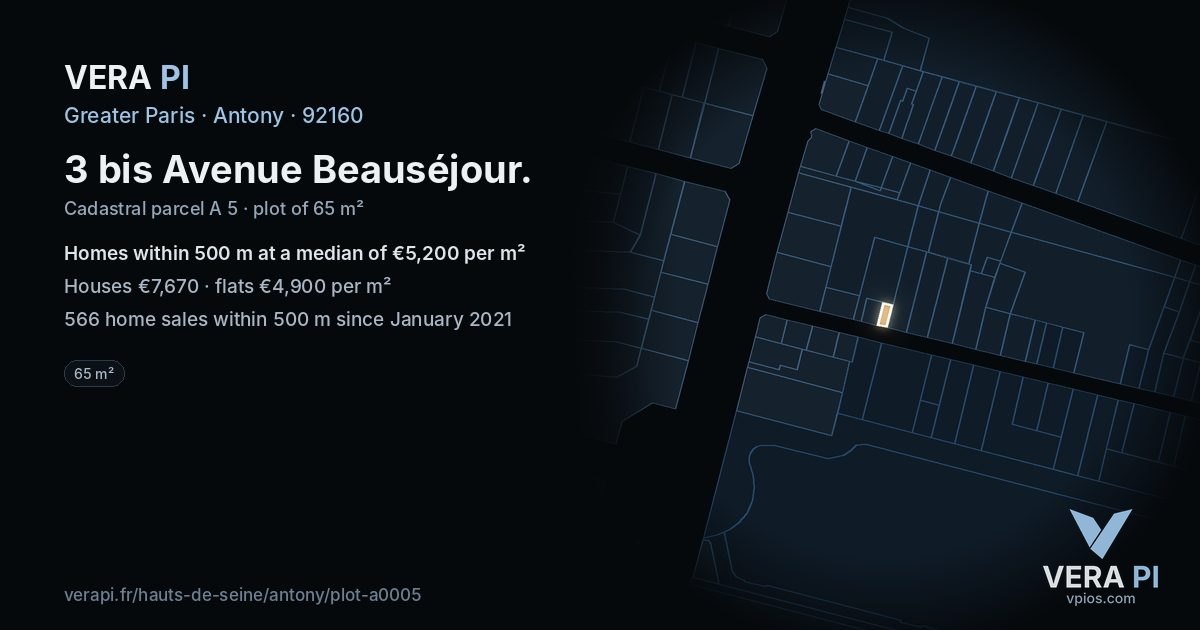 3 bis Avenue Beauséjour, Antony at night – the plot lit, the parcels around coloured by the prices near them