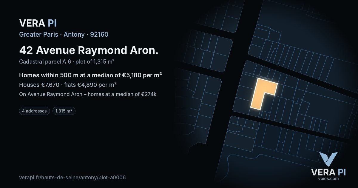 42 Avenue Raymond Aron, Antony at night – the plot lit, the parcels around coloured by the prices near them