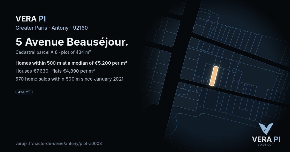 5 Avenue Beauséjour, Antony at night – the plot lit, the parcels around coloured by the prices near them