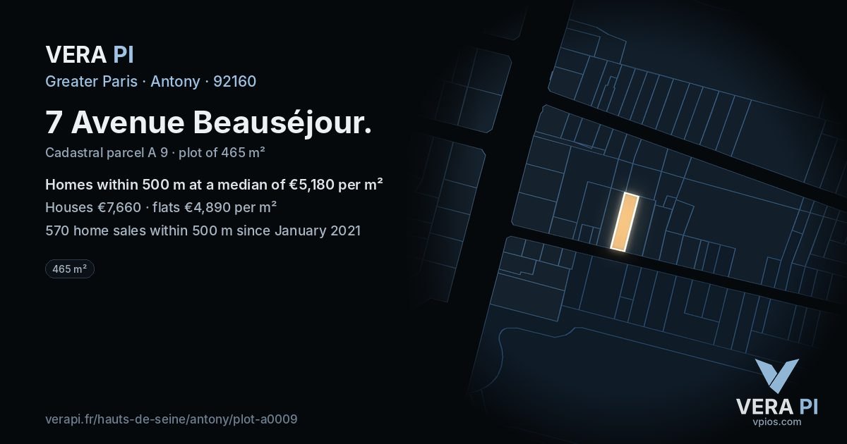 7 Avenue Beauséjour, Antony at night – the plot lit, the parcels around coloured by the prices near them