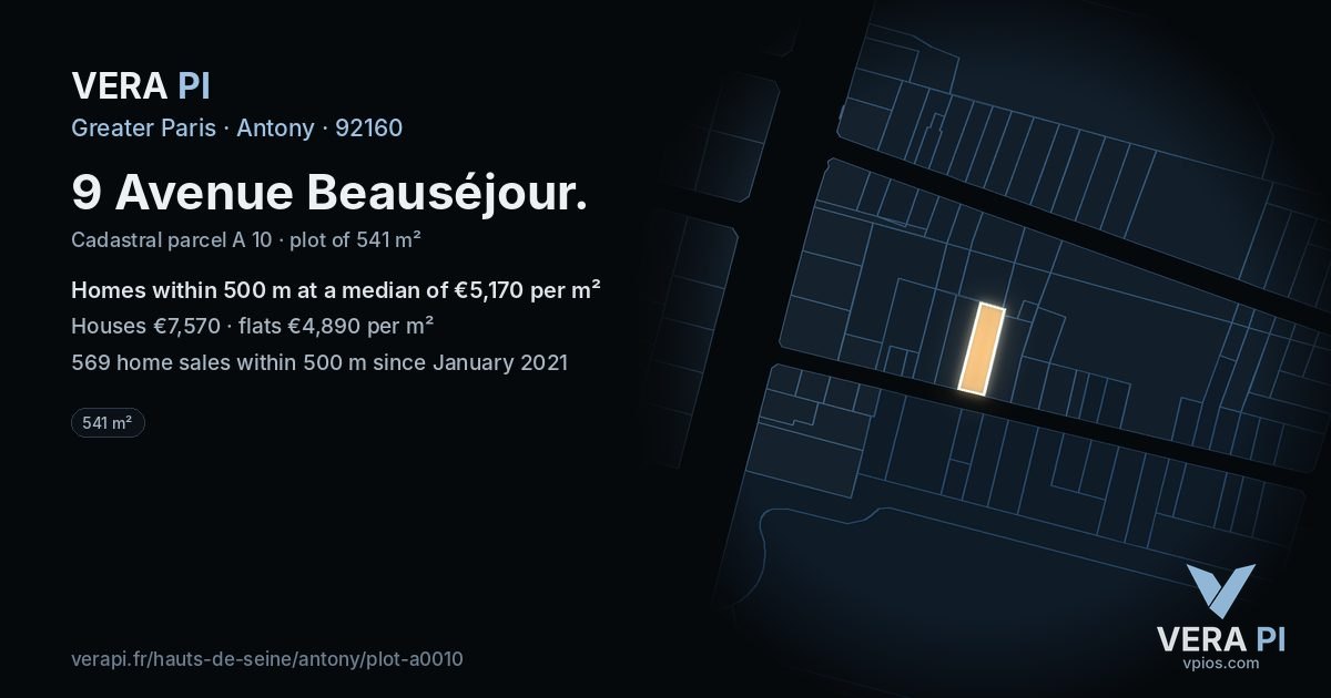 9 Avenue Beauséjour, Antony at night – the plot lit, the parcels around coloured by the prices near them