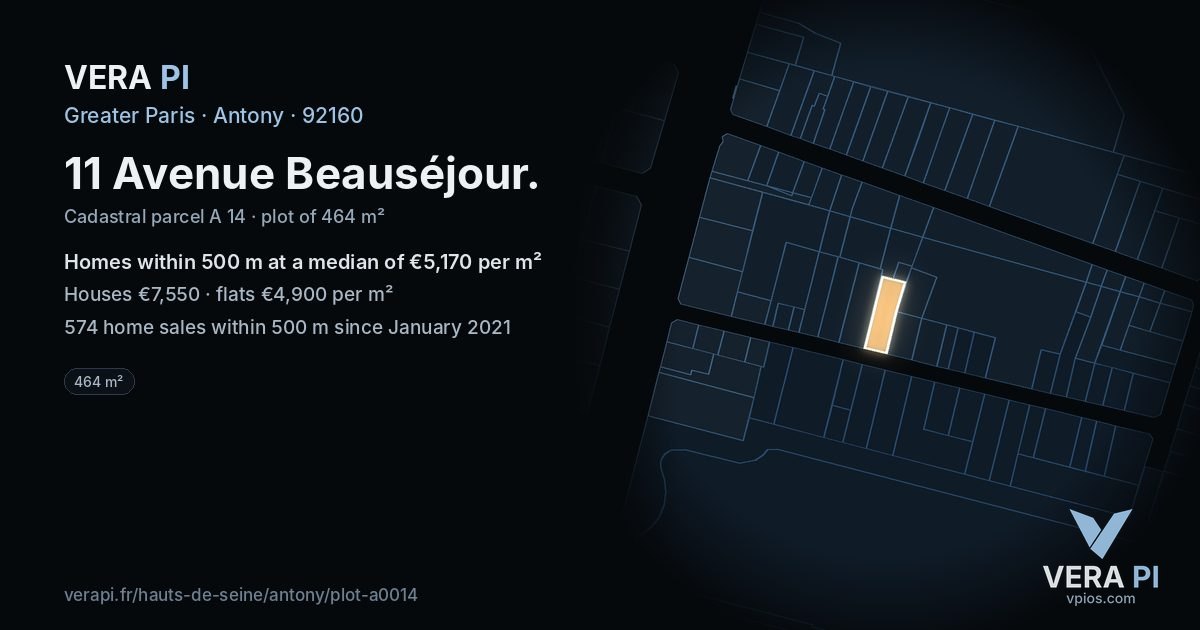 11 Avenue Beauséjour, Antony at night – the plot lit, the parcels around coloured by the prices near them