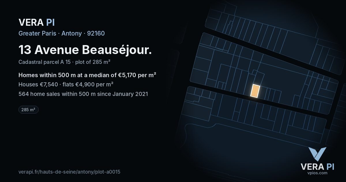 13 Avenue Beauséjour, Antony at night – the plot lit, the parcels around coloured by the prices near them