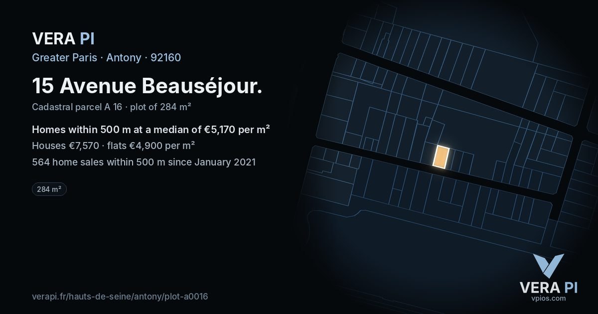15 Avenue Beauséjour, Antony at night – the plot lit, the parcels around coloured by the prices near them