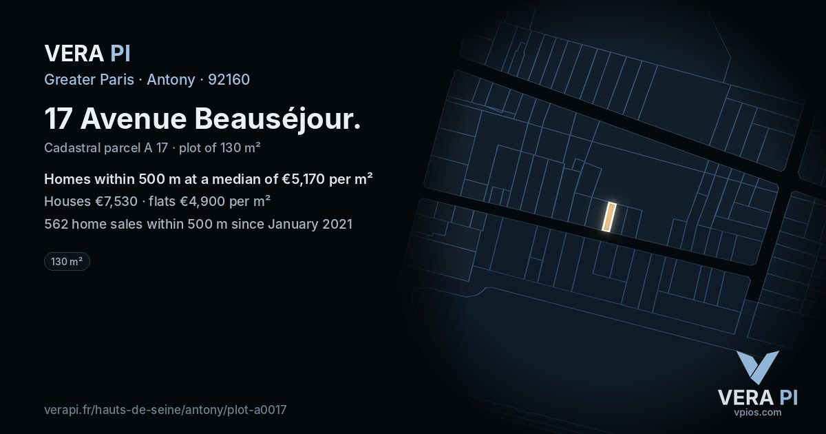 17 Avenue Beauséjour, Antony at night – the plot lit, the parcels around coloured by the prices near them
