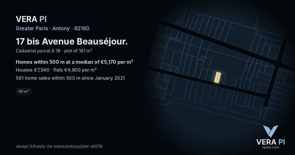 17 bis Avenue Beauséjour, Antony at night – the plot lit, the parcels around coloured by the prices near them
