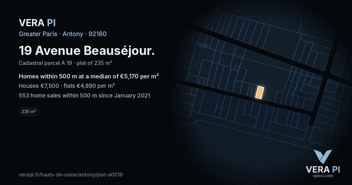 19 Avenue Beauséjour, Antony at night – the plot lit, the parcels around coloured by the prices near them