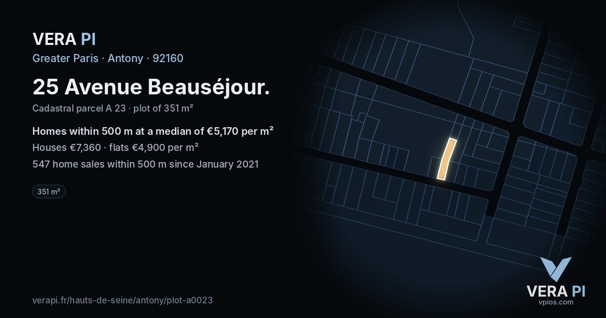 25 Avenue Beauséjour, Antony at night – the plot lit, the parcels around coloured by the prices near them