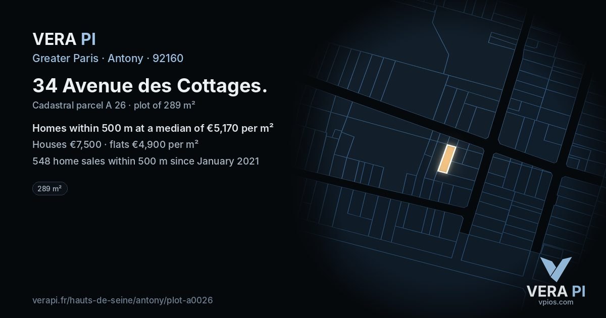 34 Avenue des Cottages, Antony at night – the plot lit, the parcels around coloured by the prices near them