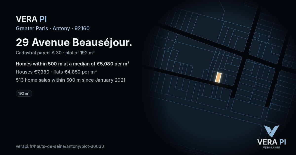 29 Avenue Beauséjour, Antony at night – the plot lit, the parcels around coloured by the prices near them
