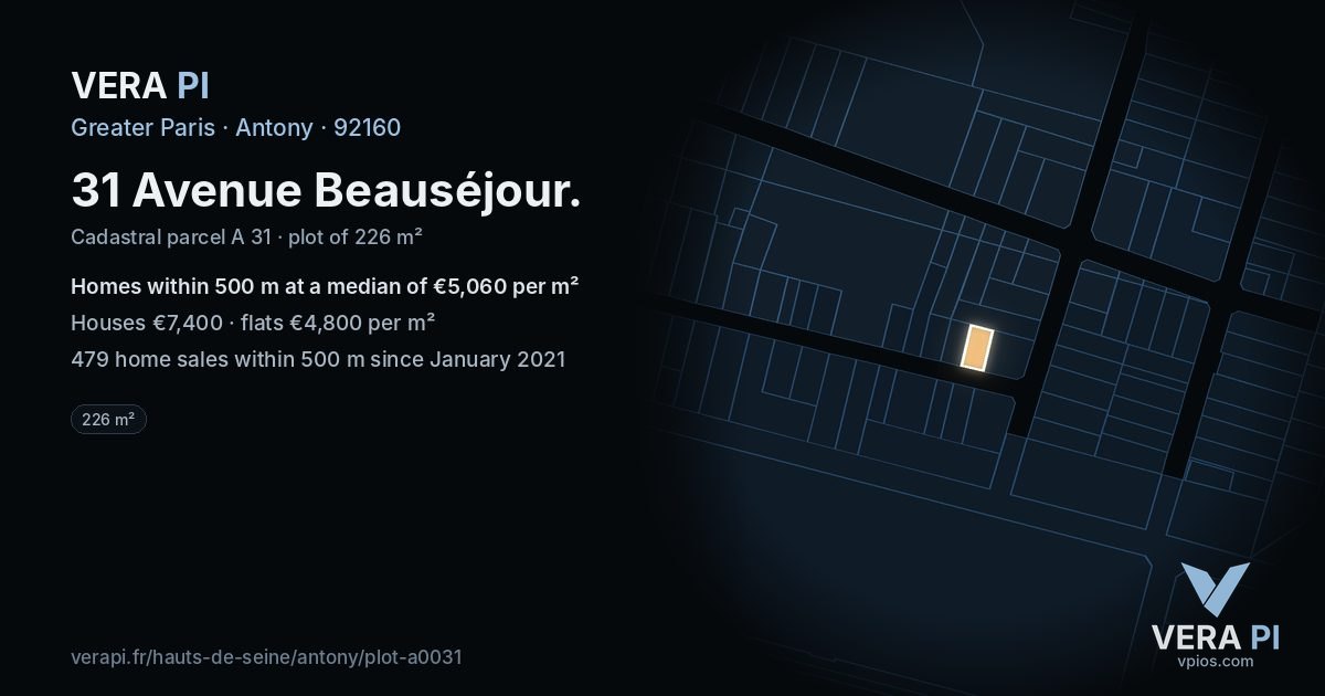31 Avenue Beauséjour, Antony at night – the plot lit, the parcels around coloured by the prices near them