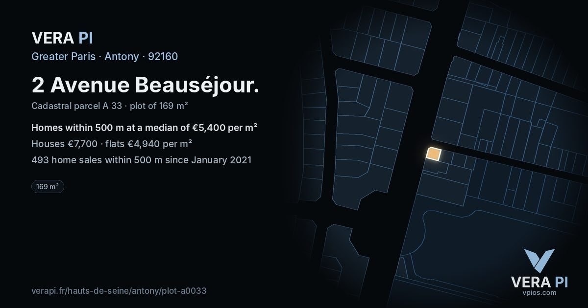 2 Avenue Beauséjour, Antony at night – the plot lit, the parcels around coloured by the prices near them