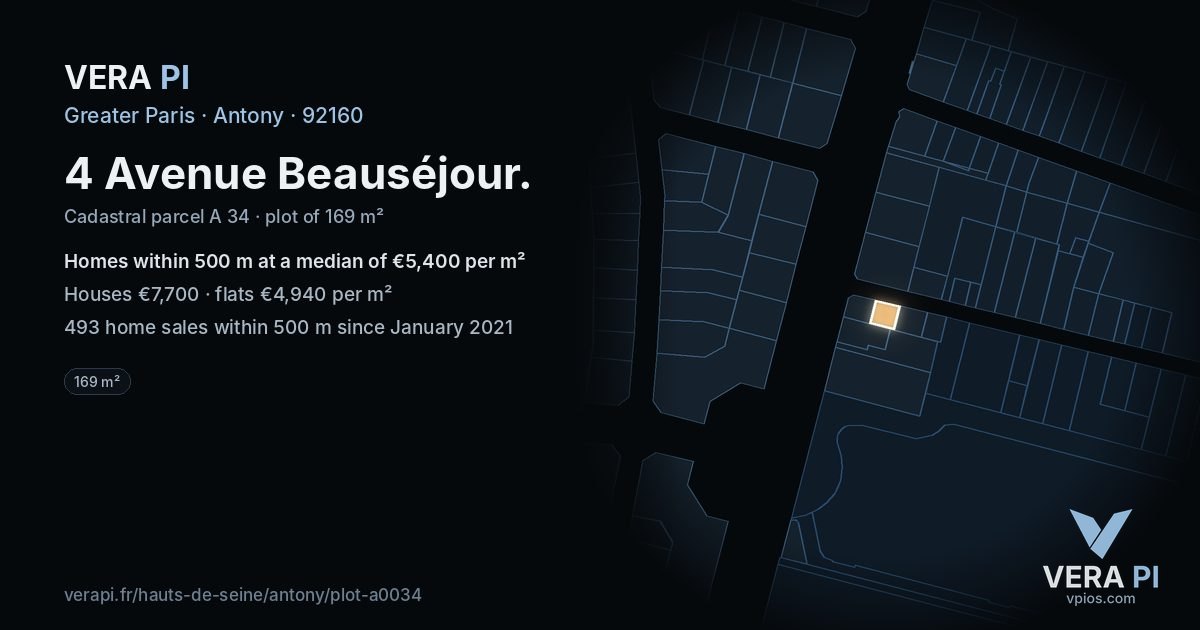 4 Avenue Beauséjour, Antony at night – the plot lit, the parcels around coloured by the prices near them