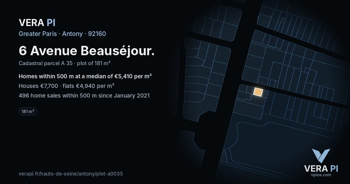 6 Avenue Beauséjour, Antony at night – the plot lit, the parcels around coloured by the prices near them