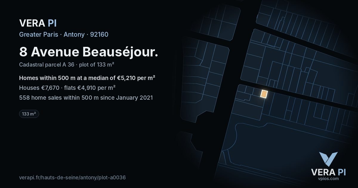 8 Avenue Beauséjour, Antony at night – the plot lit, the parcels around coloured by the prices near them