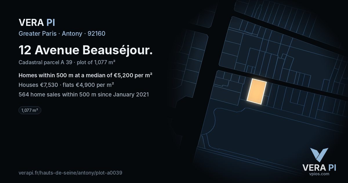 12 Avenue Beauséjour, Antony at night – the plot lit, the parcels around coloured by the prices near them