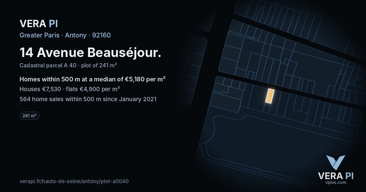 14 Avenue Beauséjour, Antony at night – the plot lit, the parcels around coloured by the prices near them