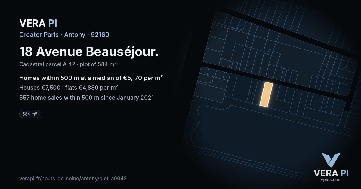 18 Avenue Beauséjour, Antony at night – the plot lit, the parcels around coloured by the prices near them