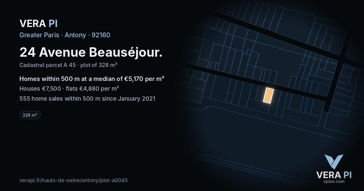 24 Avenue Beauséjour, Antony at night – the plot lit, the parcels around coloured by the prices near them