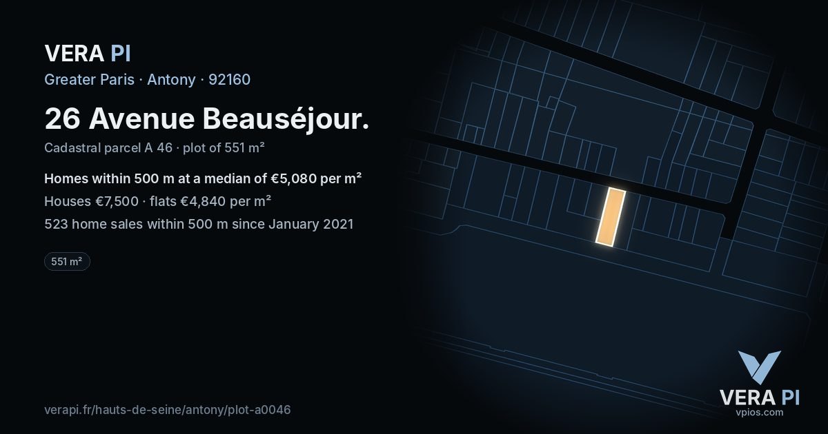 26 Avenue Beauséjour, Antony at night – the plot lit, the parcels around coloured by the prices near them