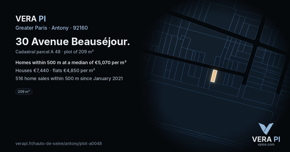 30 Avenue Beauséjour, Antony at night – the plot lit, the parcels around coloured by the prices near them