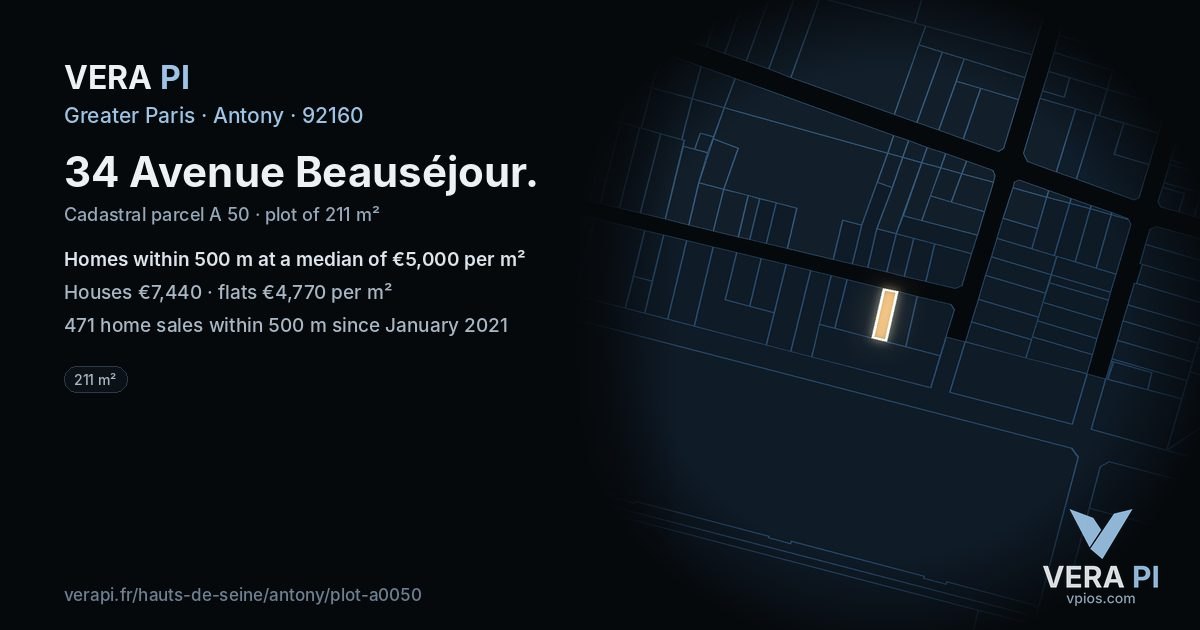 34 Avenue Beauséjour, Antony at night – the plot lit, the parcels around coloured by the prices near them