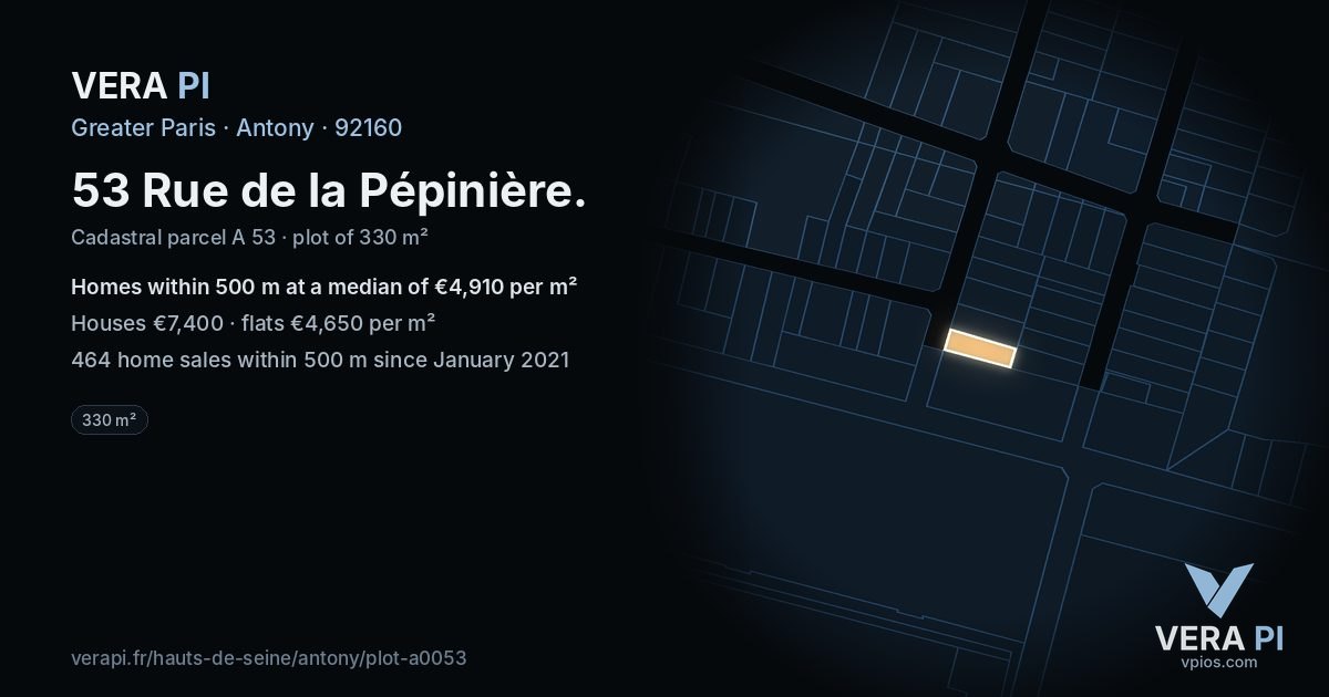 53 Rue de la Pépinière, Antony at night – the plot lit, the parcels around coloured by the prices near them