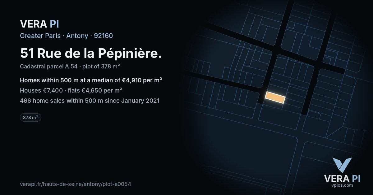 51 Rue de la Pépinière, Antony at night – the plot lit, the parcels around coloured by the prices near them