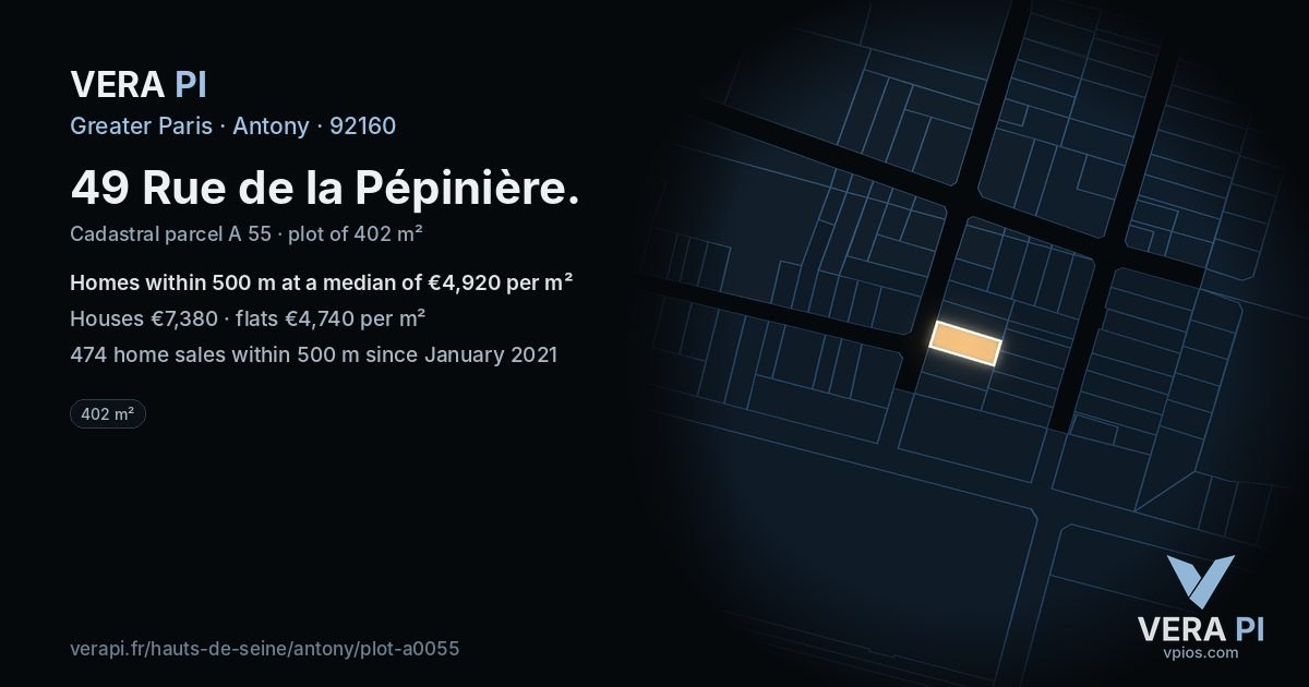 49 Rue de la Pépinière, Antony at night – the plot lit, the parcels around coloured by the prices near them