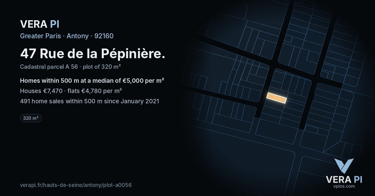 47 Rue de la Pépinière, Antony at night – the plot lit, the parcels around coloured by the prices near them