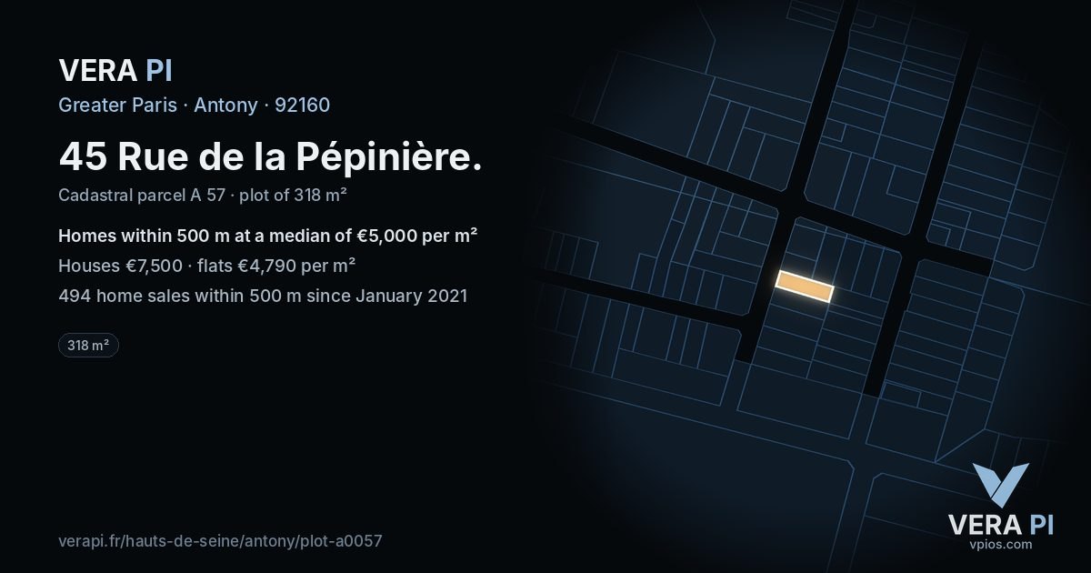 45 Rue de la Pépinière, Antony at night – the plot lit, the parcels around coloured by the prices near them