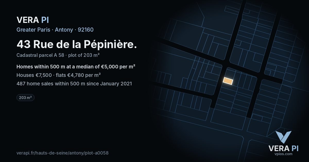 43 Rue de la Pépinière, Antony at night – the plot lit, the parcels around coloured by the prices near them